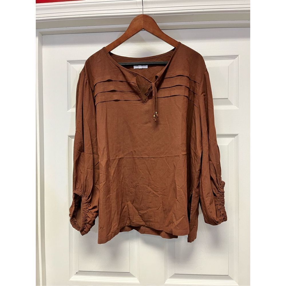 Lost + Wander Brown Tie Neck Pin Tuck Blouse sz 2X NWOT